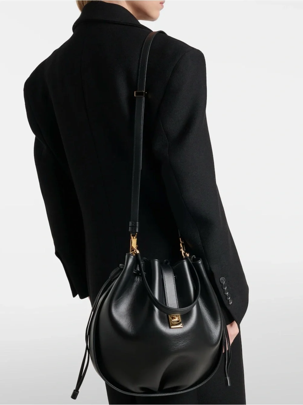 Black Leather Hug Bucket Tote Bag with Gold Hardware